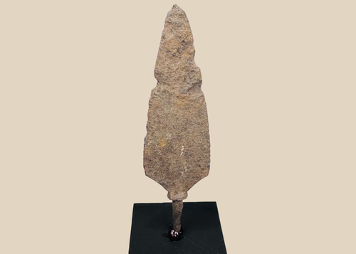 Ancient Roman to medieval hand-forged iron spearhead with broad leaf-shaped blade