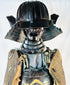 Fierce iron menpo facial armor with detachable nose and expressive design from Muromachi samurai suit.