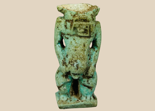 Authentic Ancient Egyptian blue faience amulet of Bes from the Late Period