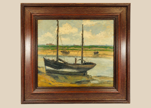 Signed oil on board painting titled “Bateaux – Boat” by Jules Ribeaucort (1866–?), France, early 20th Century CE. Impressionistic maritime scene depicting boats and harbor, with fluid brushwork, rich color palette, and dynamic light. Frame likely period-appropriate. Reflects French impressionist influence and romantic maritime tradition.