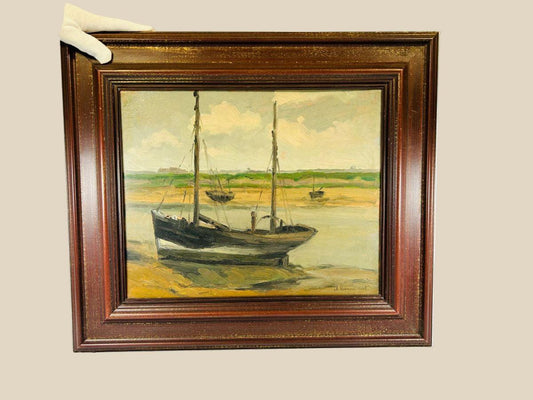 Signed oil on board painting titled “Bateaux – Boat” by Jules Ribeaucort (1866–?), France, early 20th Century CE. Impressionistic maritime scene depicting boats and harbor, with fluid brushwork, rich color palette, and dynamic light. Frame likely period-appropriate. Reflects French impressionist influence and romantic maritime tradition.