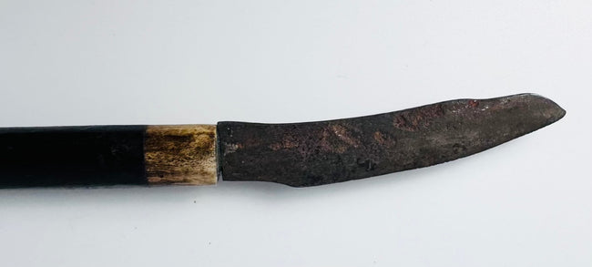 Mandau sword displayed beside its carved scabbard and attached pisau raut