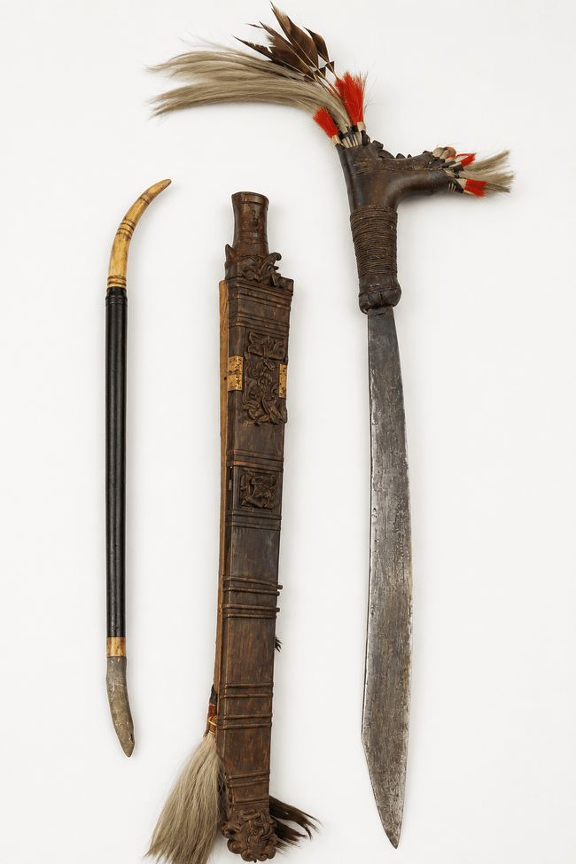 Borneo Mandau sword ensemble with feathered hilt, carved sheath, and side knife