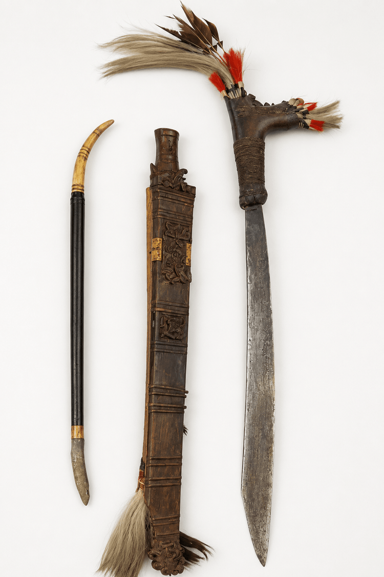 Borneo Mandau sword ensemble with feathered hilt, carved sheath, and side knife
