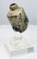 Small Southeast Asian Buddhist artifact with crowned Buddha face, mineral accretion, and green patina