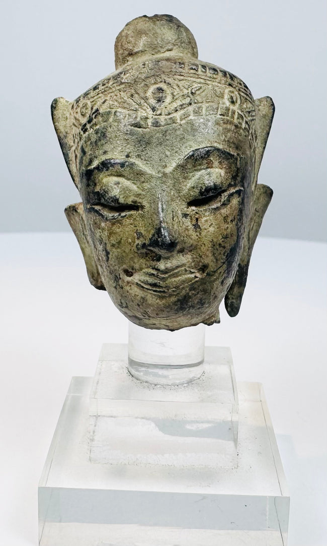 Antique Thai or Burmese crowned Buddha head with engraved headdress and serene expression