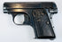 Deactivated Browning Model 1906 displaying slide lettering, deep slide serrations, and an enlarged manual safety lever.