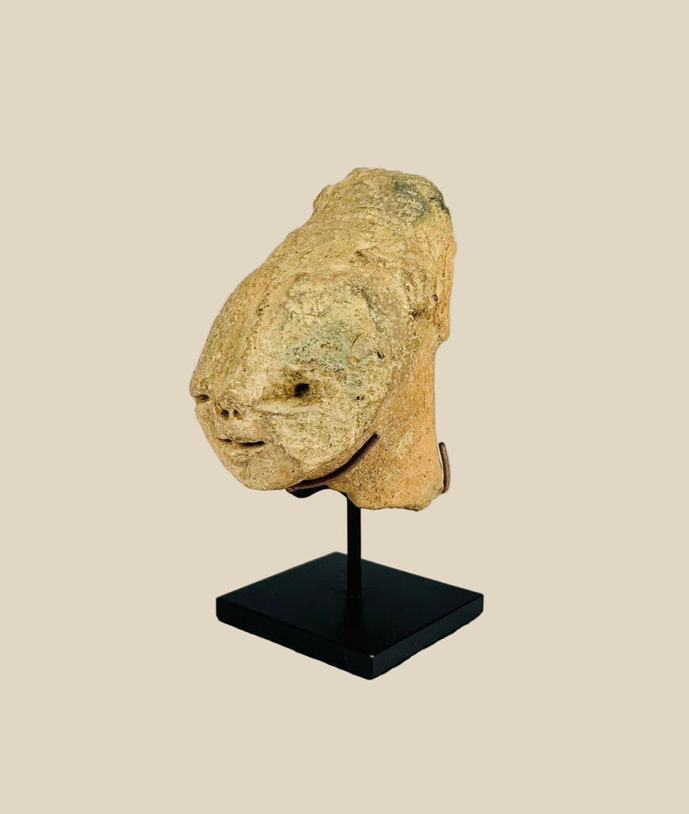 Ancient Bura culture terracotta head from Niger, West Africa, circa 300–1100 CE. Stylized lips, flat nose, and subtle rear ornamentation with natural patina. Likely created for ceremonial or funerary purposes, reflecting the symbolic, abstract artistry and spiritual traditions of early West African societies.