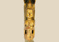 Monumental 45-inch Burmese temple finial, late 19th–early 20th century, carved hardwood with gilded Buddha in Anjali Mudra and spire form, retaining aged patina.