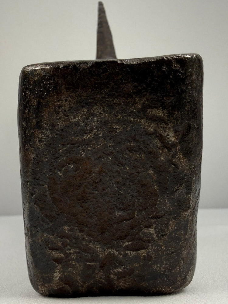 Antique iron tool or weapon head with trapezoidal blade and secure triangular hafting socket