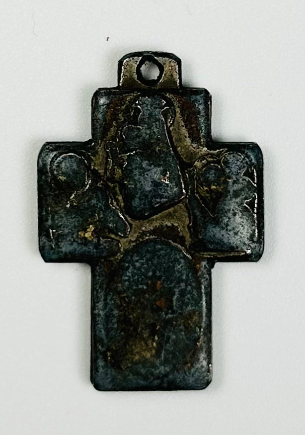small bronze Christian devotional pendant cross with detailed religious imagery dating to the 1800s Catholic devotional tradition