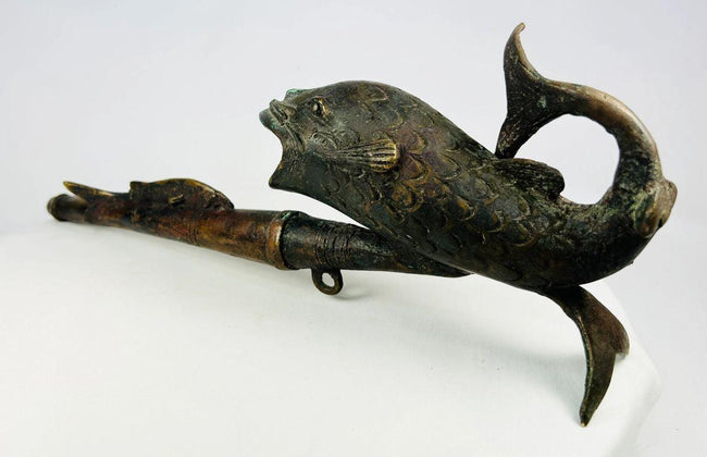 Cameroonian antique bronze fish pipe with fertility symbolism 20th century