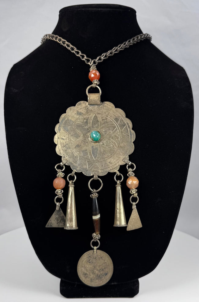 Twenty-five-inch tribal necklace from the Himalayan borderlands with coin and bead drops