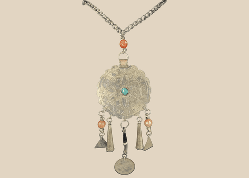 Tribal Afghan necklace with engraved circular pendant, turquoise-coloured cabochon, beads, and coin drop