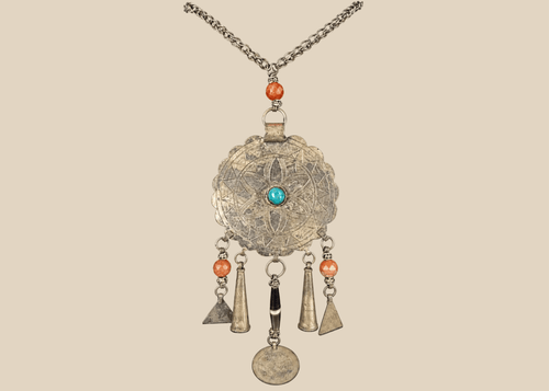Tribal Afghan necklace with engraved circular pendant, turquoise-coloured cabochon, beads, and coin drop