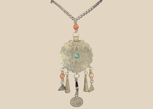 Tribal Afghan necklace with engraved circular pendant, turquoise-coloured cabochon, beads, and coin drop