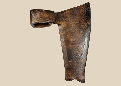 Early 19th-century Central European goosewing fishtail axe, forged iron with broad concave blade, fishtail end, and aged patina.