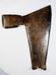 Side view of antique wrought iron axe head showing broad tapering blade and fishtail base