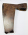 Reverse angle of rustic iron axe head showing hollow rectangular eye socket and curved blade
