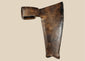 Weathered 19th-century forged iron axe head with dark oxidized finish and split tail end