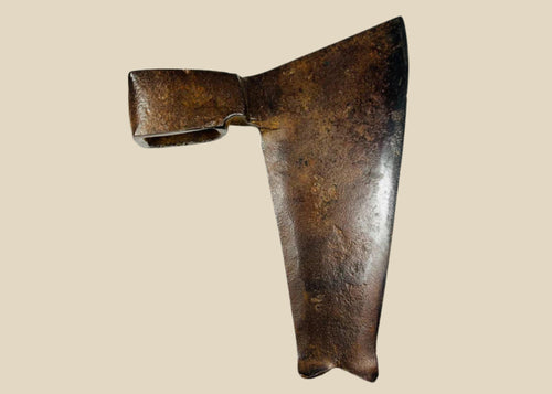 Early 19th-century Central European goosewing fishtail axe, forged iron with broad concave blade, fishtail end, and aged patina.