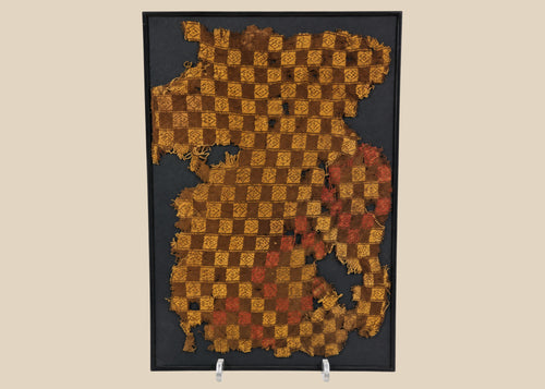 Chancay textile fragment from coastal Peru, circa 1000–1470 CE, finely woven cotton with vibrant checkerboard motif in natural dyes.