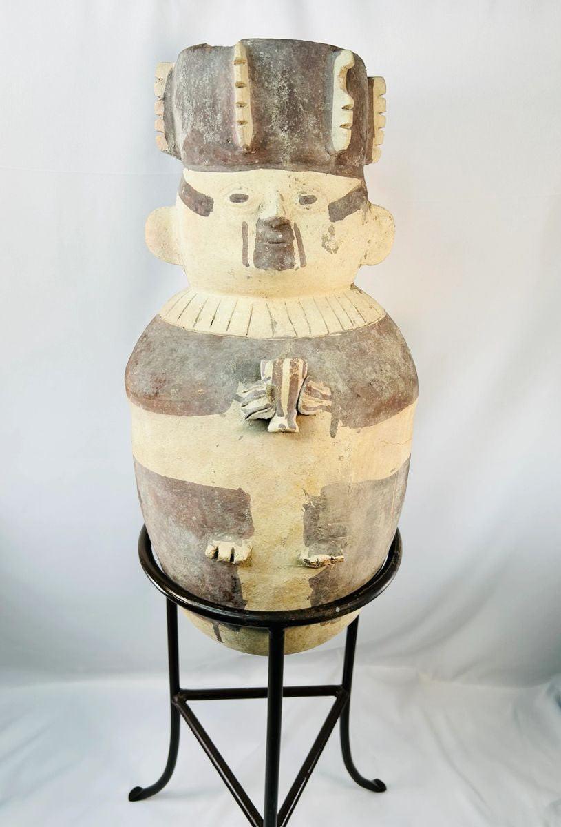 Chancay ceramic effigy urn from Central Coastal Peru, 1000–1400 CE, pre-Columbian pottery with hand-sculpted human figure, detailed headdress, and geometric painted decoration. Ideal example of Chancay funerary and ceremonial art, showcasing ancient Peruvian craftsmanship and cultural symbolism.