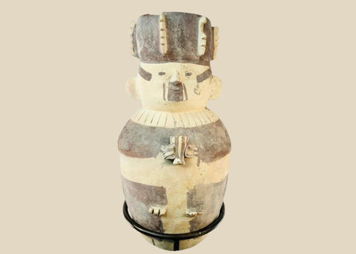 Chancay ceramic effigy urn from Central Coastal Peru, 1000–1400 CE, pre-Columbian pottery with hand-sculpted human figure, detailed headdress, and geometric painted decoration. Ideal example of Chancay funerary and ceremonial art, showcasing ancient Peruvian craftsmanship and cultural symbolism.