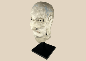 Chinese Carved Head of a Buddhist Arhat | Antique Temple Sculpture on Display Stand | Circa 18th–19th Century