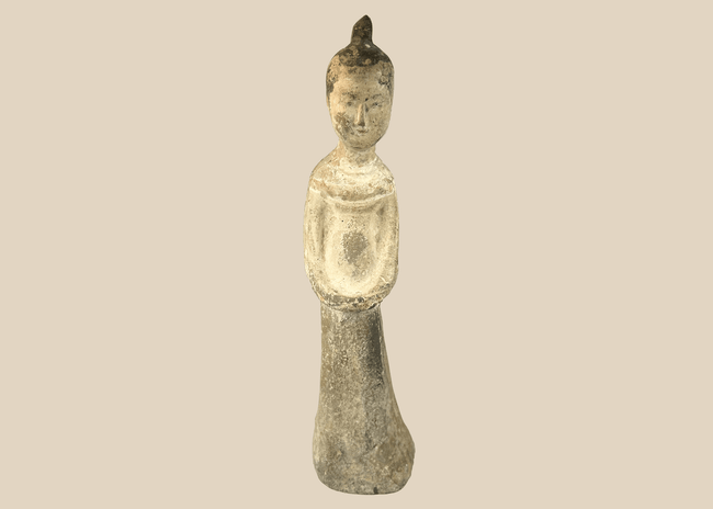Chinese Tang style pottery attendant figure with folded hands and aged surface