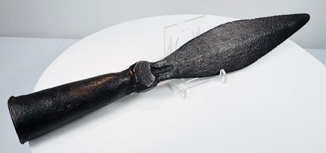 Antique Chinese Qing Dynasty spearhead with forged iron blade and aged surface patina