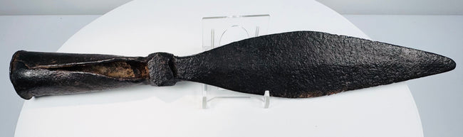 18th-century Qing Dynasty Chinese iron spearhead with broad leaf-shaped blade and socketed base