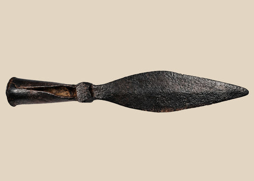Close-up of Qing Dynasty Chinese Eight Banner spear iron blade with leaf-shaped design and socketed base