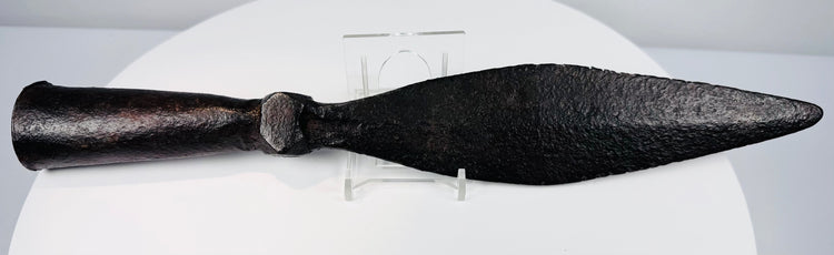 18th-century Chinese military spearhead with symmetrical leaf-form blade and natural aged patina