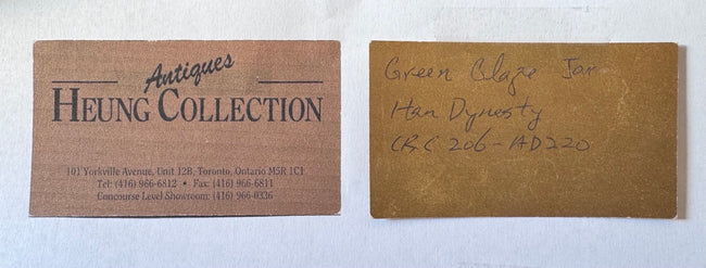 Heung Collection Toronto provenance cards identifying the green-glazed jar as Han Dynasty, circa 206 BCE–220 CE.