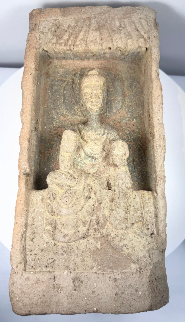 Ancient Chinese Buddha relief brick with weathered terracotta surface, recessed niche and surviving pigment traces