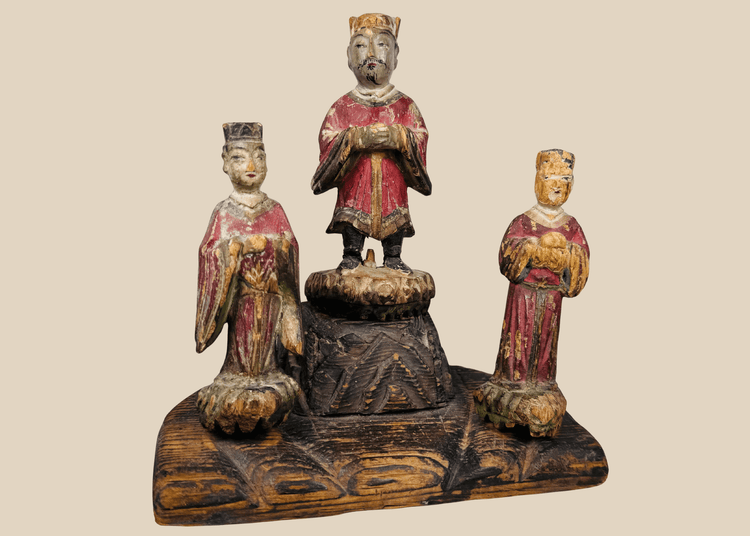 Antique Chinese polychrome wooden shrine group with a central official and two smaller attendants