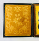 Victorian yellow velvet case lining with embossed floral scrollwork, ambrotype interior