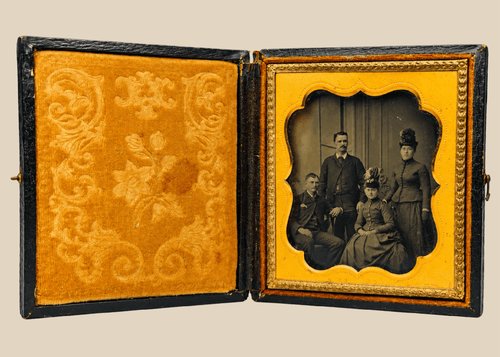 Civil War–era ambrotype of a Boston family displayed in an open velvet-lined leather case