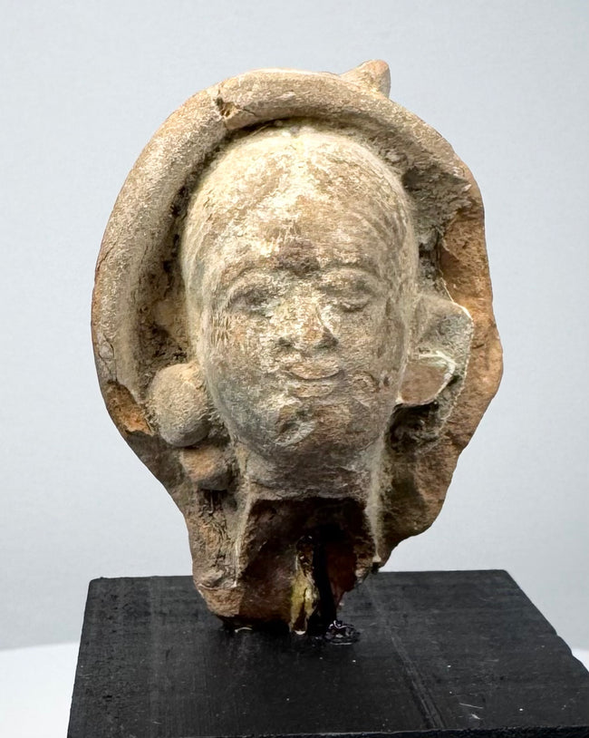 Classical antiquity terracotta head with softly modeled facial features and traces of an ancient headdress or head covering.