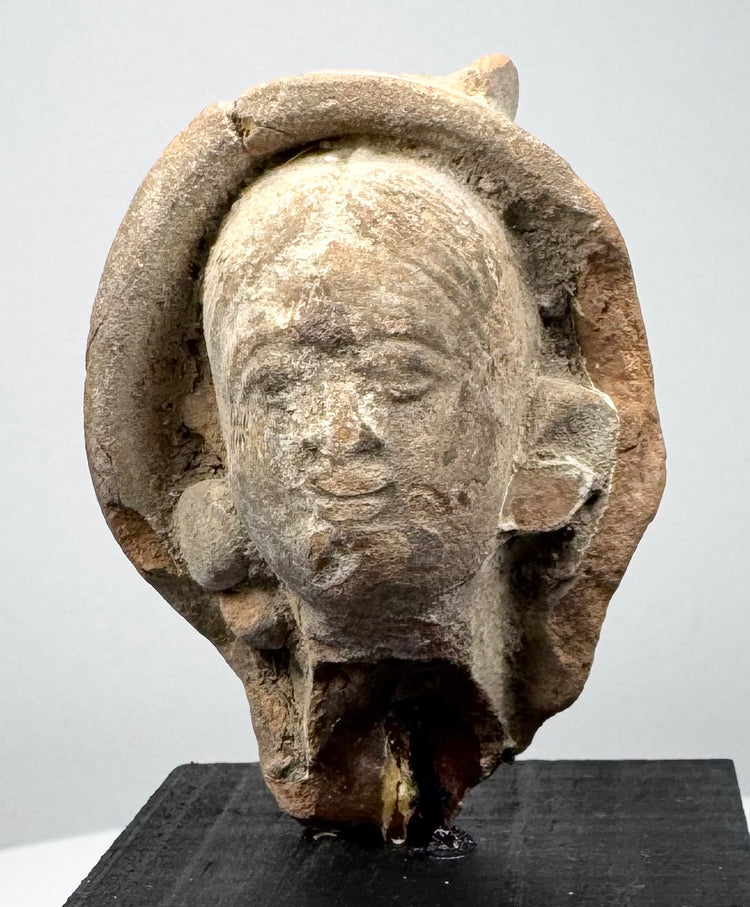 Historic Greek or Roman terracotta figure fragment showing its rounded sculptural form, facial details, and ancient surface texture.