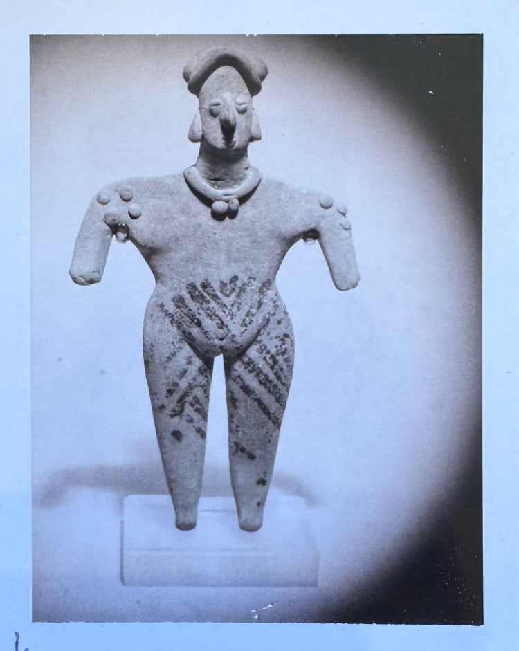 Period provenance photograph accompanying the ancient Colima terracotta female figure from the Harmer Rooke Galleries archive.