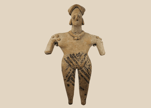 Ancient Colima terracotta female figure from West Mexico with black painted decoration and elaborate headdress.