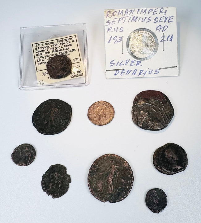Ancient and medieval coin collection with Roman, Elymaean and Neapolitan issues alongside original collector documentation.