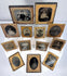 Antique ambrotype and tintype-style portrait collection with decorative gilt-metal mats and preservers