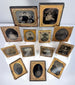 Antique ambrotype and tintype-style portrait collection with decorative gilt-metal mats and preservers