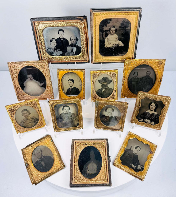 Victorian-era cased portrait photograph collection featuring men, women, children, and family groups