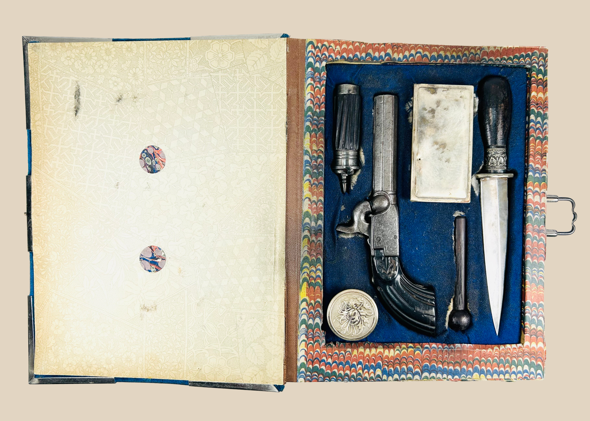 Rare 19th-century Continental European concealed gentleman’s weapon set disguised as velvet book case