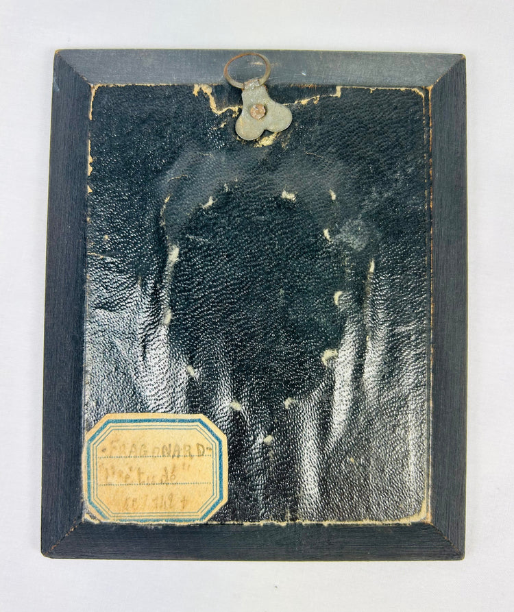 Continental European watercolor miniature, Romantic revival portrait with Fragonard reference label, mid–late 1800s.
