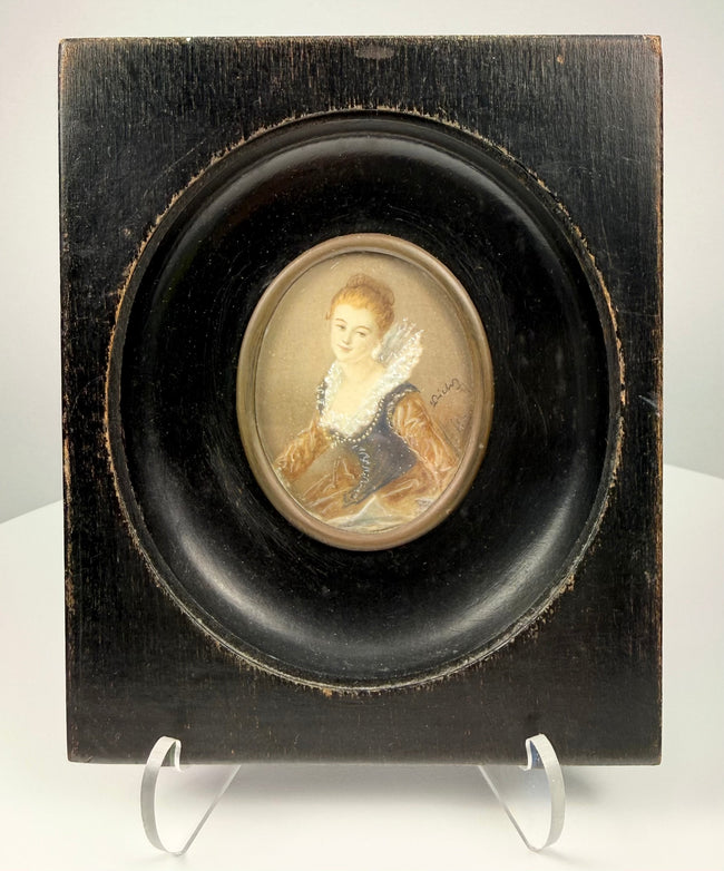 Continental miniature portrait of young woman in lace ruff, ebonized frame